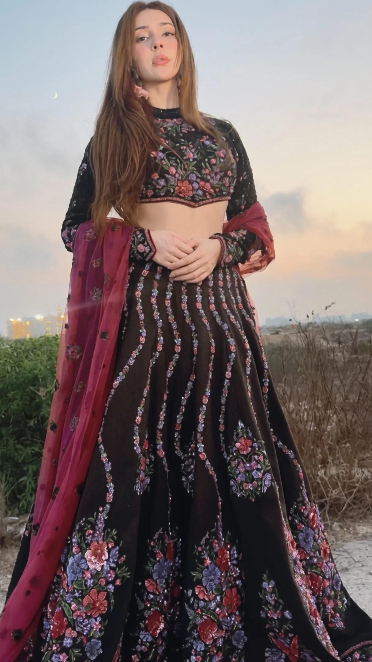 Neha Khan in an embellished wedding-guest look by Ahmed Manan